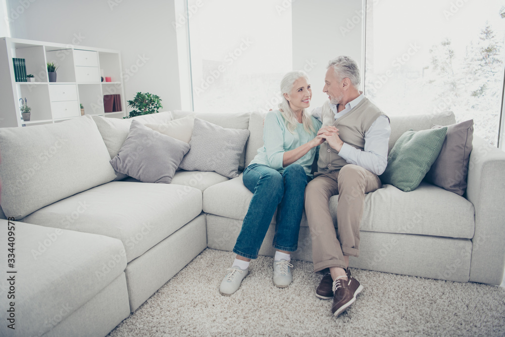 Photo of pretty aged pair holding hands communicating about perfect life in love sitting cozy sofa indoors