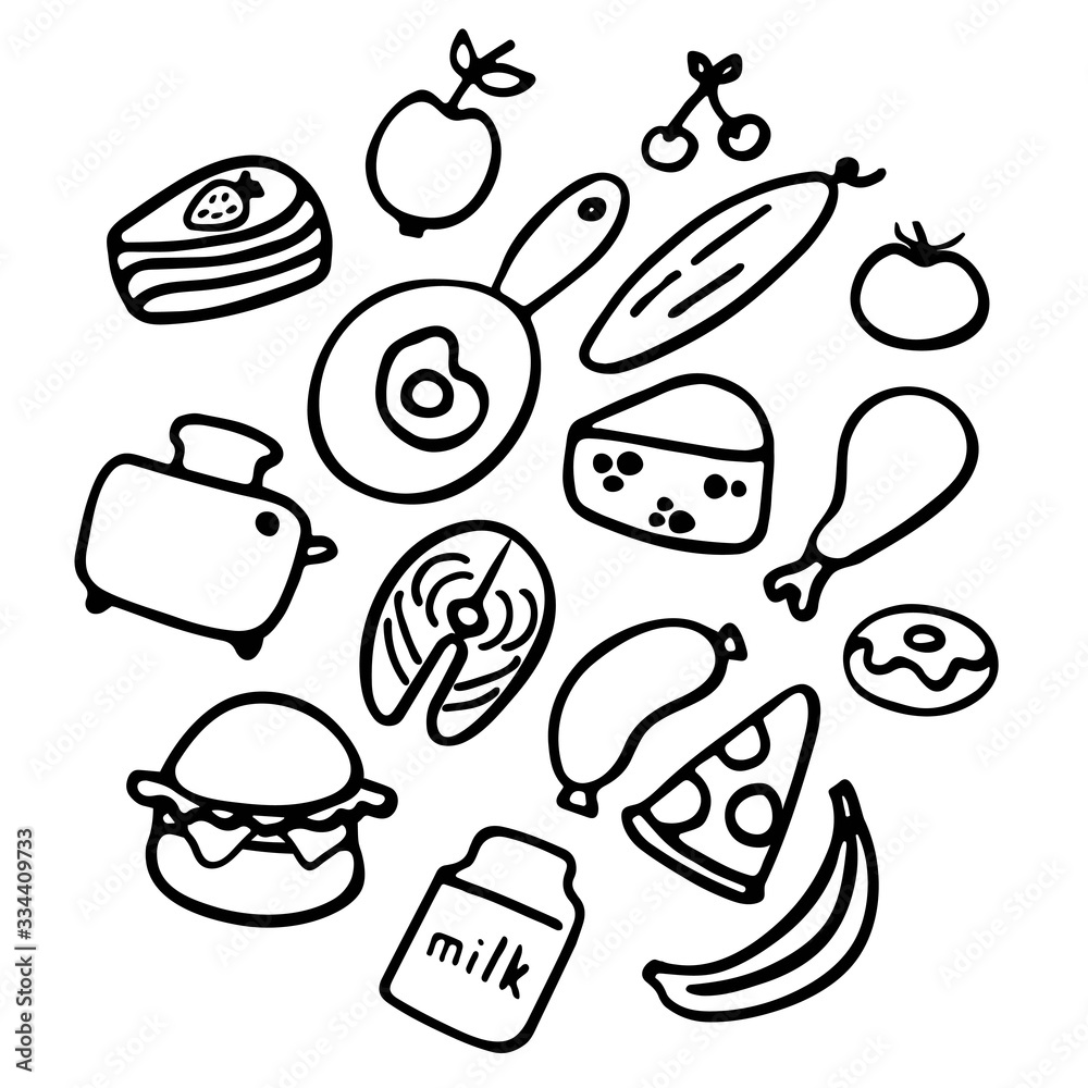 A hand-drawn set of food and dishes. Doodle collection of meal.