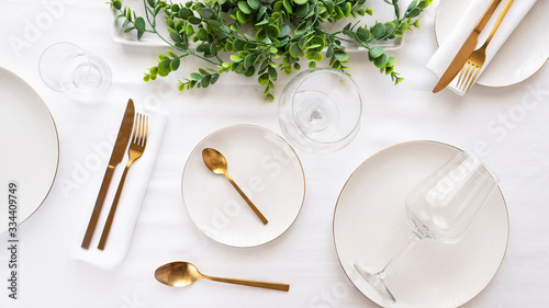 Canvastavla Tableware background in white gold tone