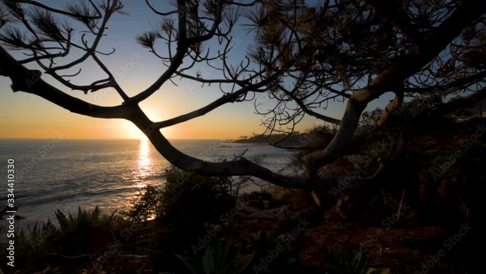 Gimbal pan down to reveal dramatic sunset through the trees on a summer evening. Gimbal pan down to reveal dramatic sunset through the trees on a summer evening.