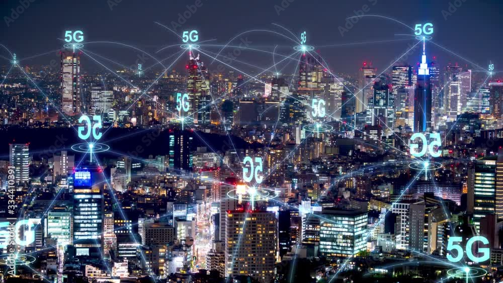 5G network wireless systems and internet communication with modern city skyline. Smart city concept