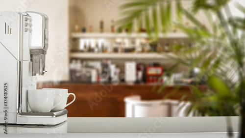 Coffee machine in cafe interior and free space for your decoration. 