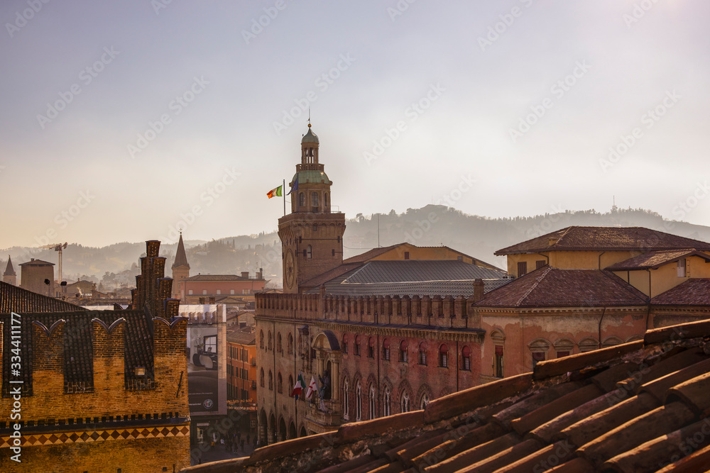 BOLOGNA, ITALY, on February 12, 2020. The top view on the red roofs of old city