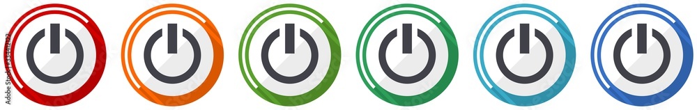 Power icon set, flat design vector illustration in 6 colors options for webdesign and mobile applications Power icon set, flat design vector illustration in 6 colors options for webdesign and mobile applications