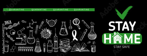 Stay home stay safe doodle illustration. Quarantine. Pandemic coronavirus. Coronavirus, dna, blood test. Laboratory research vector hand drawn icons set.