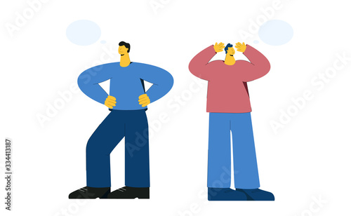 Two cartoon confident and miserable male with speech bubbles isolated on white background. Colorful person standing thinking with think balloons big limbs style vector flat illustration