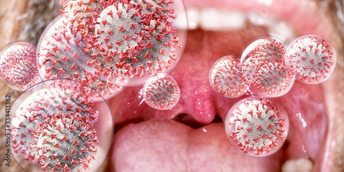 3D illustration of droplets packed with Corona viruses flying out of the mouth and throat when coughing