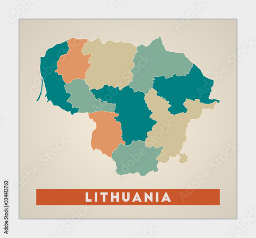 Lithuania poster. Map of the country with colorful regions. Shape of Lithuania with country name. Cool vector illustration.
