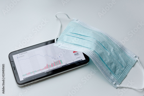 The fall of the Dow Jones Industrial (DJI) stock market index for the last months because of the coronavirus in China. Index graph in the Iphone and medical mask. photo
