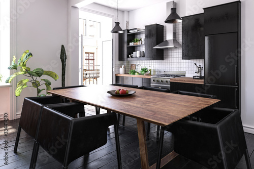 Cuadro en lienzo Modern black kitchen and dining area interior