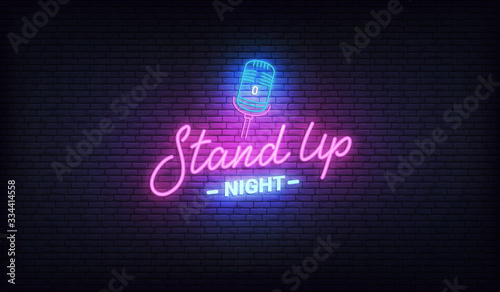 Stand up comedy neon template. Stand up lettering and glowing neon microphone photo