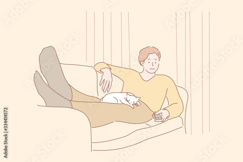 Home rest, watching TV, pet, leisure time concept. Young man or boy laying on couch with sleeping white cat, holding remote control from TV set. Rest at home after working day. Leisure time. Vector.