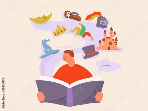 Cartoon boob child read magic book fairy tail having fun vector flat illustration. Happy colorful male kid with amazing imagination coming to fable life with fantasy flying tools isolated on white
