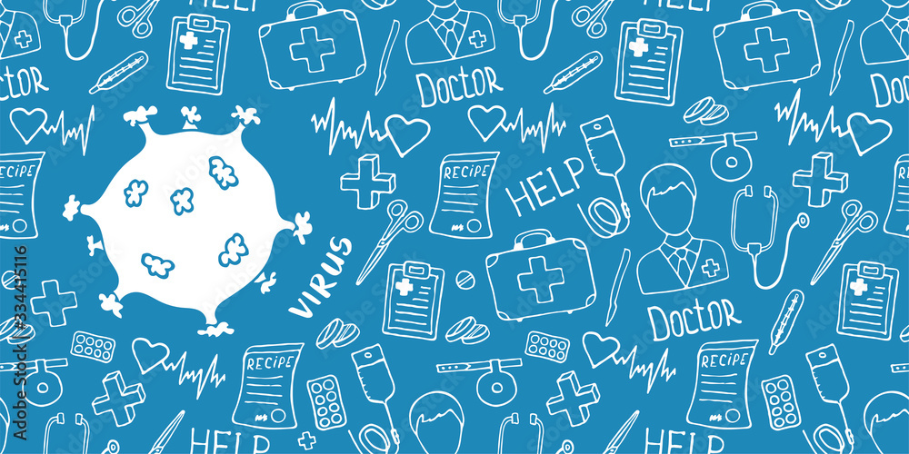 Medical background with virus icon. Medicine seamless doodle pattern. Hand drawn health care, pharmacy, chemical cartoon header. Vector illustrations. Medical background with virus icon. Medicine seamless doodle pattern. Hand drawn health care, pharmacy, chemical cartoon header. Vector illustrations.