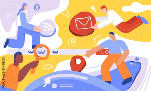 Team of cartoon people surf search internet web page and website traffic vector flat illustration. Colorful doodle man and woman creating digital advertising, online marketing and seo tools