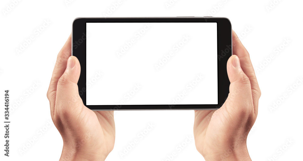 Hands holding tablet touch computer gadget with isolated screen Hands holding tablet touch computer gadget with isolated screen