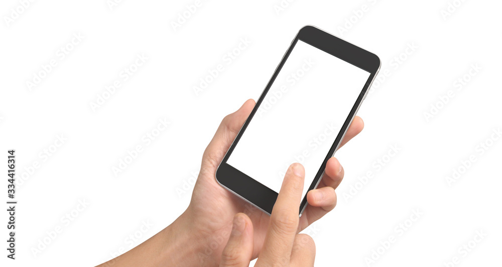 Hand holding smartphone device touching screen Hand holding smartphone device touching screen