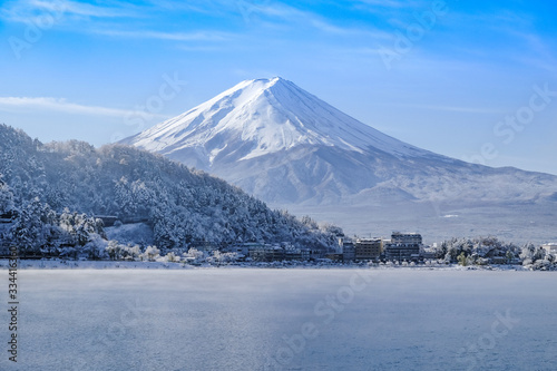 Mt Fuji with snow in winter at lake Kawaguchiko Japan