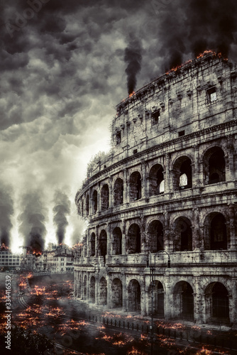 Apocalyptic scene of Rome and Colosseum burning