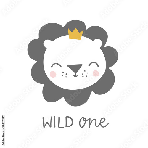 Wild one lion with crown kids illustration. Baby lion animal character. Illustration for baby kids poster, nursery wall art, card, invitation, birthday, apparel.