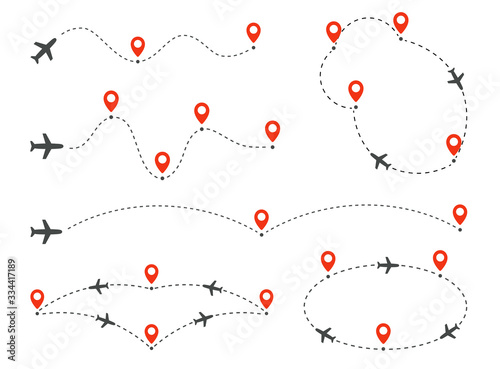 Set icons of travel way by plane. Takeoff and landing of passenger plane. Flight route infographic elements. Flight by airplane, aviation tourism vector isolated illustrations collection