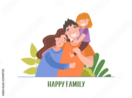 Illustrated portrait of young happy family of three outdoors. Vector illustration