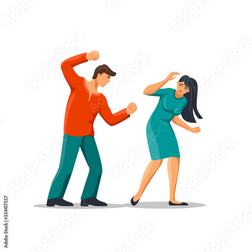 Angry cartoon abuser man hitting fear woman vector graphic illustration. Scared female victim of domestic violence isolated on white background. Family problems, psychological abuse