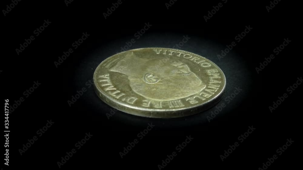 Numismatic coin of Vittorio Emanuele third, king of italian kingdom, side view rotation. Numismatic coin of Vittorio Emanuele third, king of italian kingdom, side view rotation.