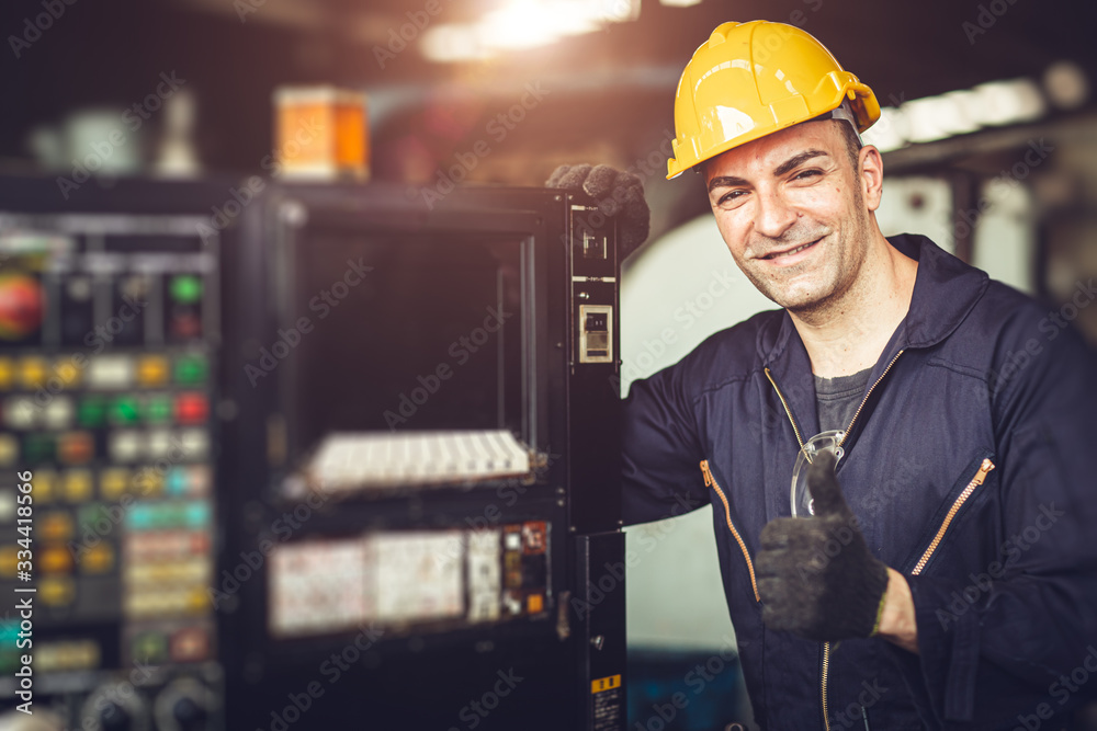 Happy worker, portrait handsome labor thumb signal with safety suit at ...