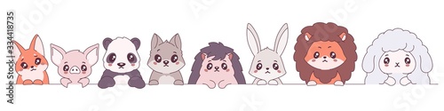 Different cartoon cute colorful animals line set isolated on white background. Collection portrait of various baby wild and domestic animal vector graphic illustration