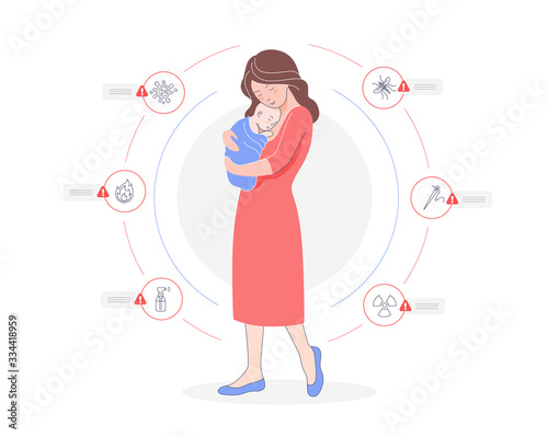 Cartoon caring mother holding toddler baby surrounded by infographic circle of dangerous isolated on white background. Colorful mom protecting kid from environment danger vector graphic illustration