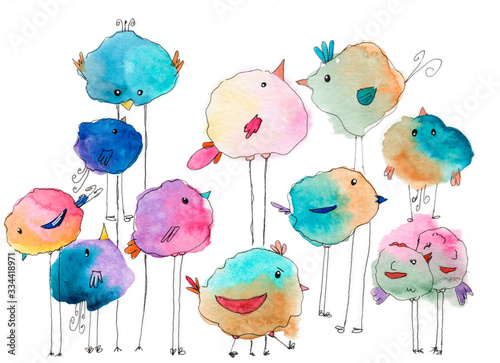 Canvas Print a set of cute watercolor birdies' family with long legs different colors and siz