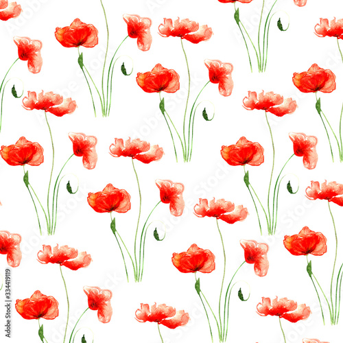 small red summer poppies with stems watercolor painted pattern