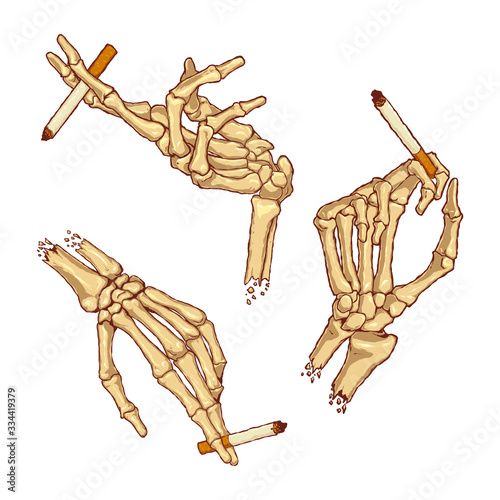 Set of skeletons of human hands holding a smoldering cigarette.Dangers of smoking vector illustration.