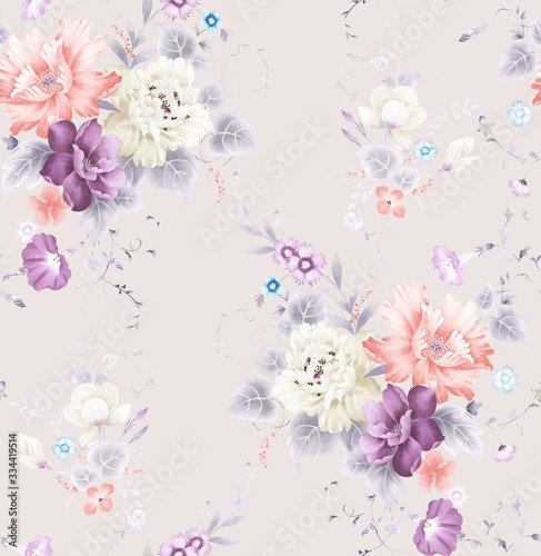 Oriental style painting, Ink Painting of Chinese Peony，seamless pattern, can be used for  floral poster, wrapping paper pattern , invite. Decorative greeting card or invitation design background