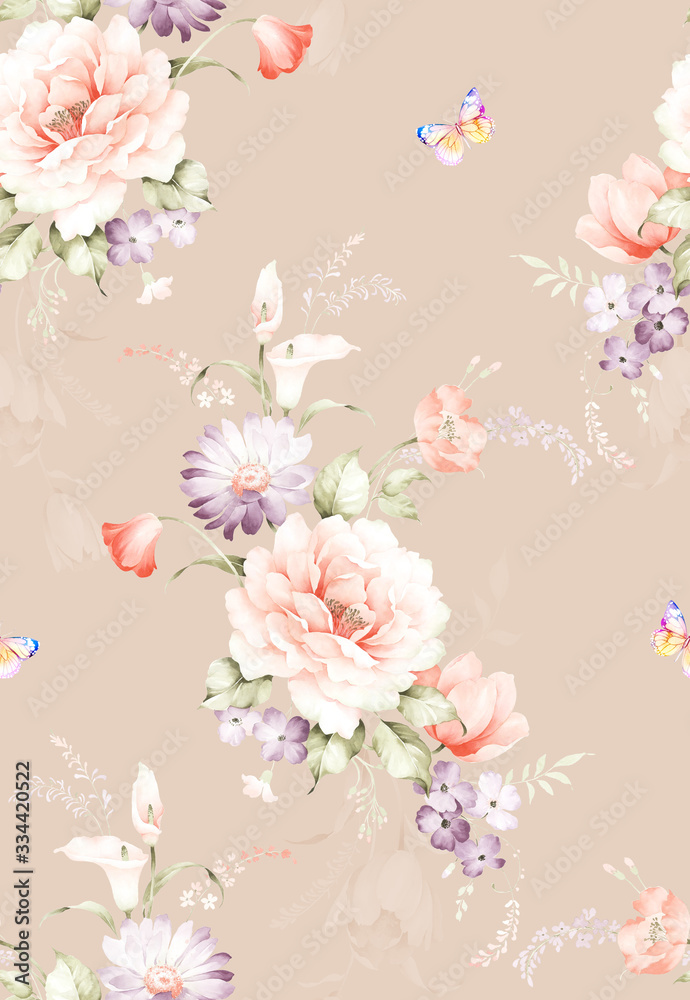 Plakat Watercolor seamless pattern with rose flowers. Watercolor decoration pattern. Vintage watecolor background. Perfect for wallpaper, fabric design, wrapping paper, surface textures, digital paper.
