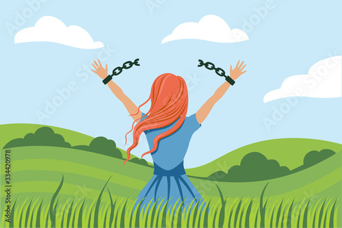 Back view cartoon woman break handcuffs enjoy freedom at natural landscape. Colorful female breaking chains on hands admiring nature scenery. Concept of emancipation, girl power and revolution