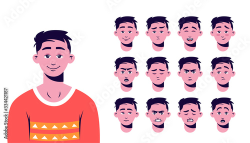 Constructor of cartoon male character with different face emotions isolated on white background. Colored casual man person with collection of various facial expression vector graphic illustration