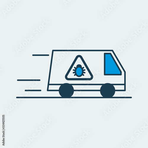Vector icon of a driving ambulance van with a virus image on it. It represents a concept of medical protection, self isolation, health safety and virus quarantine