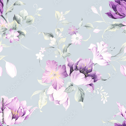 Watercolor seamless pattern with tulip flowers. Watercolor decoration pattern. Vintage watecolor background. Perfect for wallpaper, fabric design, wrapping paper, surface textures, digital paper.