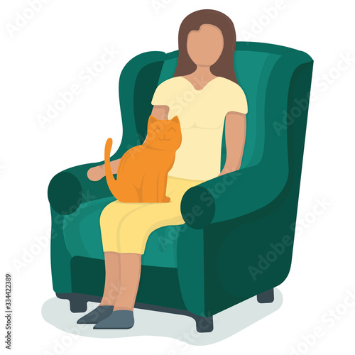 Woman sitting on armchair with cat in arms, female character rest, relax. Isolated on white, flat vector illustration.