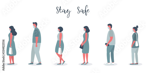 People in medical masks stand in line. Men and women keep their distance to stay safe. Vector illustration in flat style