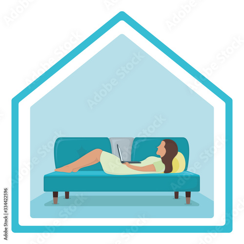 Woman lie on sofa with laptop in arms, female character rest, relax. Isolated on white, flat vector illustration. Person with pillow, sleeping on couch.