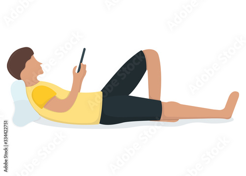 Man lie on floor with gadget tablet in arms, male character rest, relax. Isolated on white, flat vector illustration.