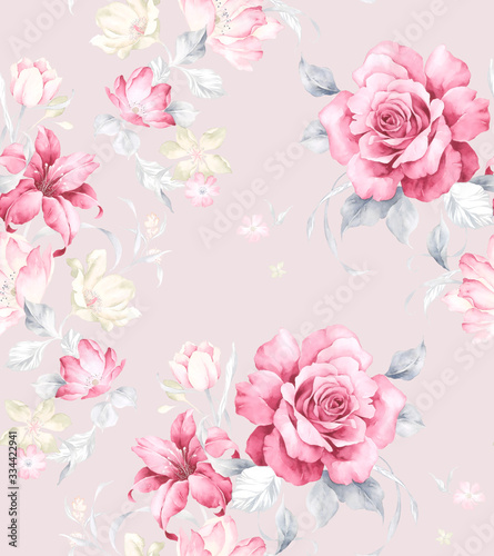 Watercolor seamless pattern with rose flowers. Watercolor decoration pattern. Vintage watecolor background. Perfect for wallpaper, fabric design, wrapping paper, surface textures, digital paper.