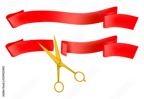 Grand opening, golden scissors and red ribbon