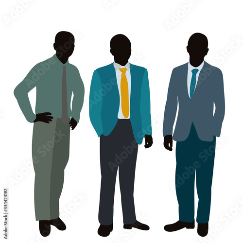  silhouette in colored clothes men stand, businessmen