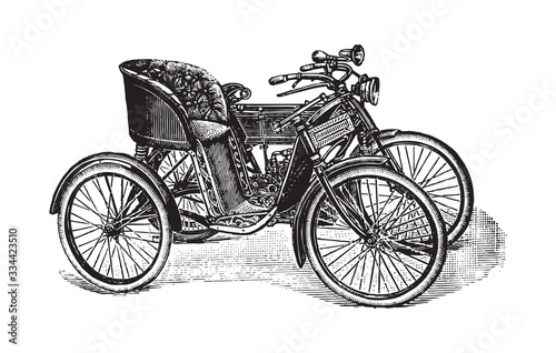  Old motorcycle sidecar / vintage illustration from Brockhaus Konversations-Lexikon 1908