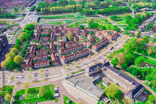 Aerial drone photo of houses in Amsterdam Noord, Netherlands