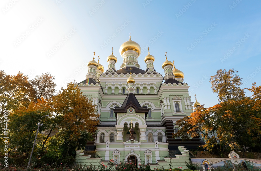 Great St. Nicholas Cathedral in Pokrovsky Monastery in Kiev, Ukraine. Beautifull summer landscape with church. Religion orthodox church, spring day.